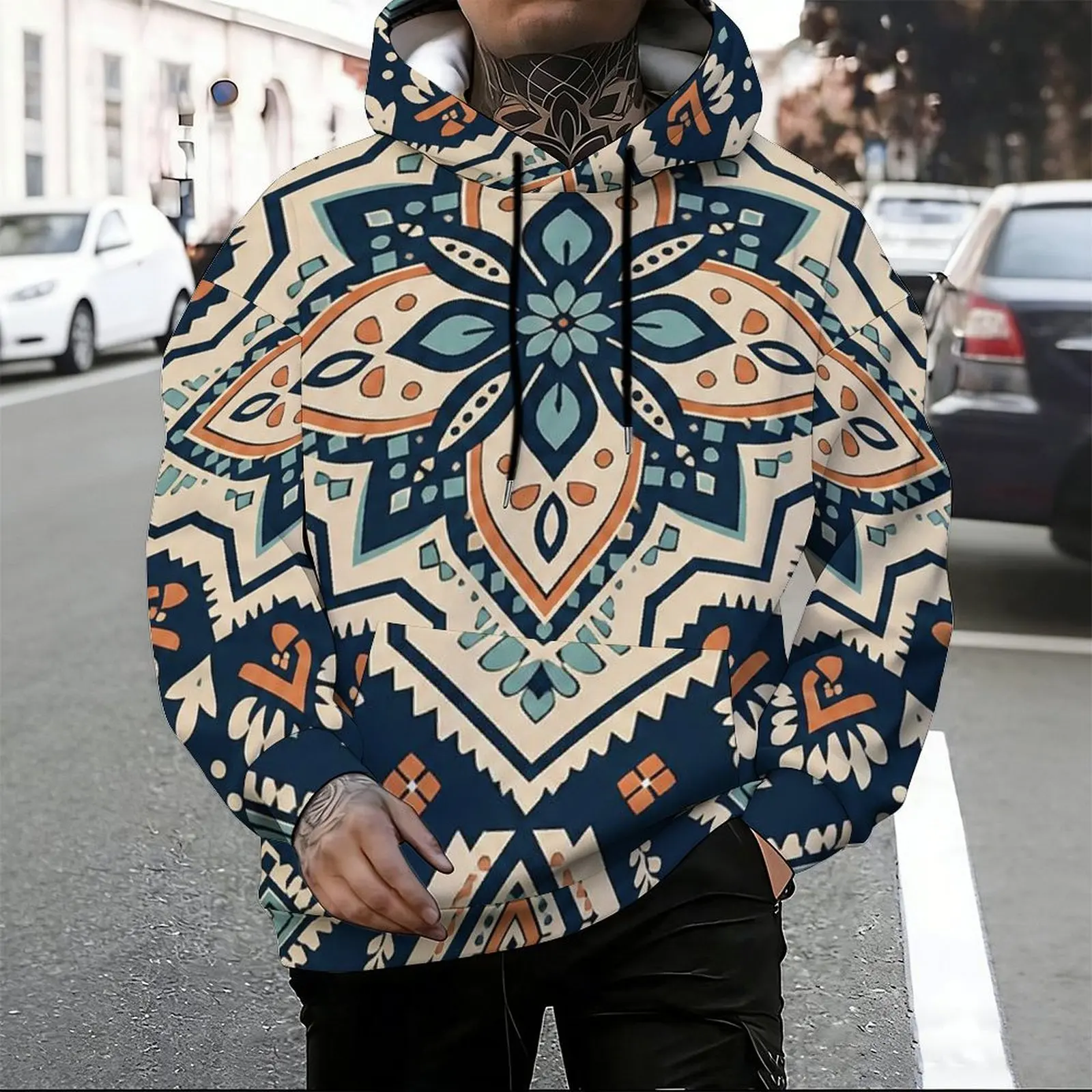 Men Printed Ethnic Geometric Mandala Pattern Pullover Hoodie Long Sleeve Hooded Sweatshirt