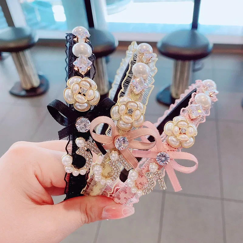 

Sweet Pearl Lace Bow Hairband Camellia Flower Jewelry Crystal Rhinestone Hair Bands Women Headband Girl Korean Hair Accessories