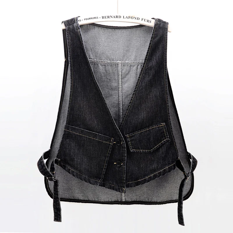 Verano coreano negro frente corto trasero largo chaleco vaquero mujeres chaleco corto bolsillo sin mangas chaqueta Slim Jeans chalecos Mujer