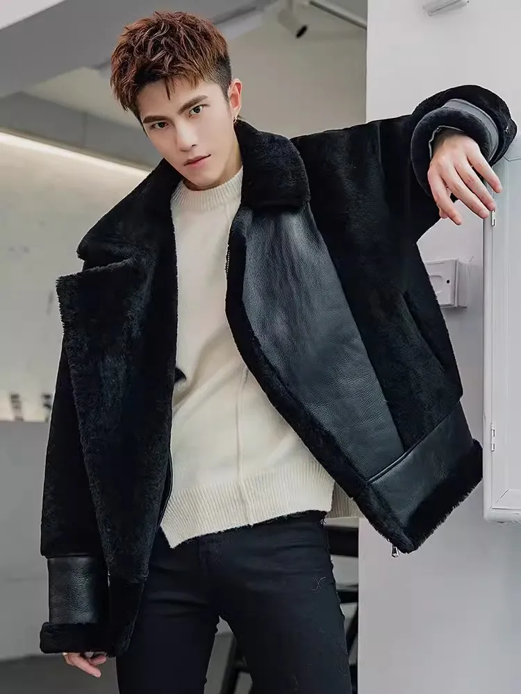Winter Luxury Mens Warm Natural Shearling Jacket Real Wool Genuine Leather Jacket Spliced Motorcycle Riding Overcoat Male Coats