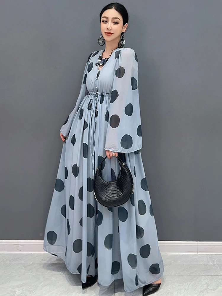 SHENGPALAE 2024 Spring Summer New Chiffon Printed Polka Dot Jumpsuit V-neck Long Sleeved Wide Leg Skirt Pants Women\'s Elegance