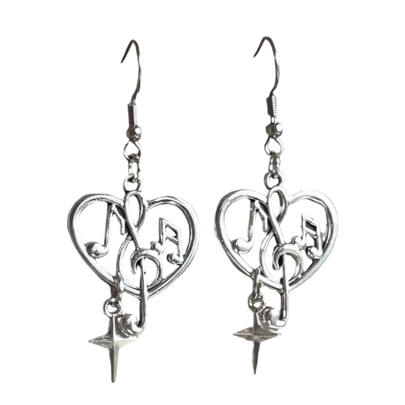 91AF Beautiful Heart Music Note Necklace Hollow Drop Earrings with Artistic Openwork Design Suitable for Fashion Outfits