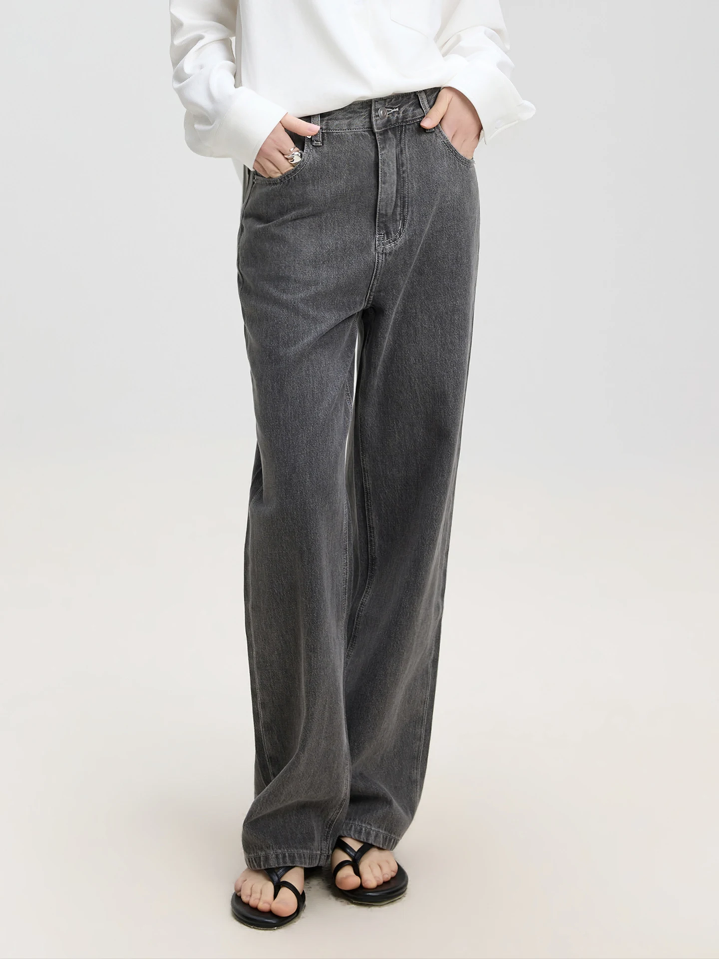 

LUR Vintage Faded ey High Waist Silk Denim Pants Women Loose Straight Cut Commute Versatile Floor-Length Trousers