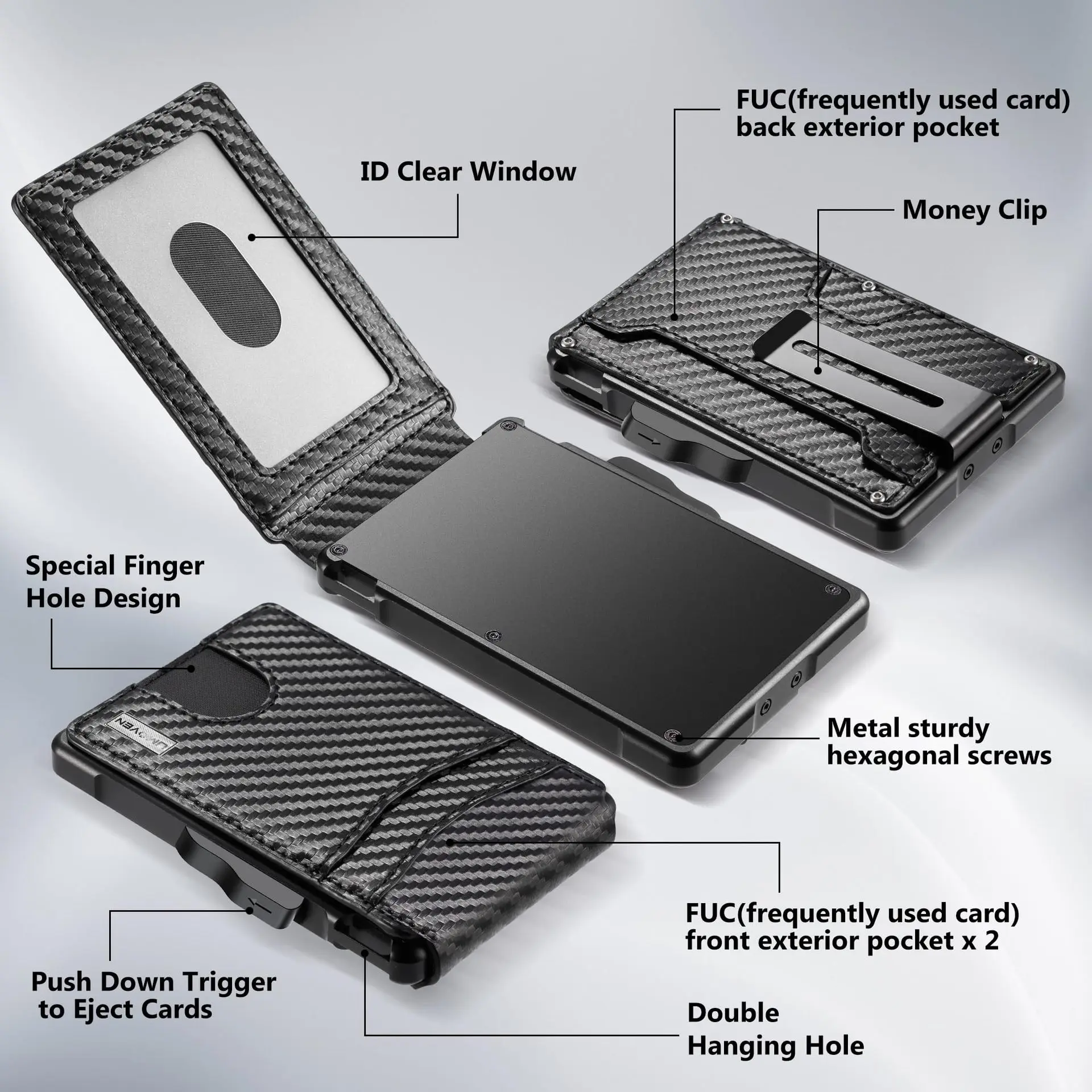 RFID Blocking Pop Up Card Holder Wallet for Men Carbon Fiber Texture PU Leather Aluminum Slim Money Clip ID Window