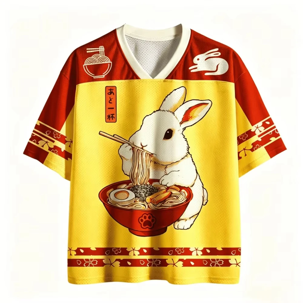 2026 Japanese Cute Rabbit Eating Ramen 3D Print Breatha Quick-dry Men's V-neck Plus-size T-shirt Streetwear Y2K  Women Clothing