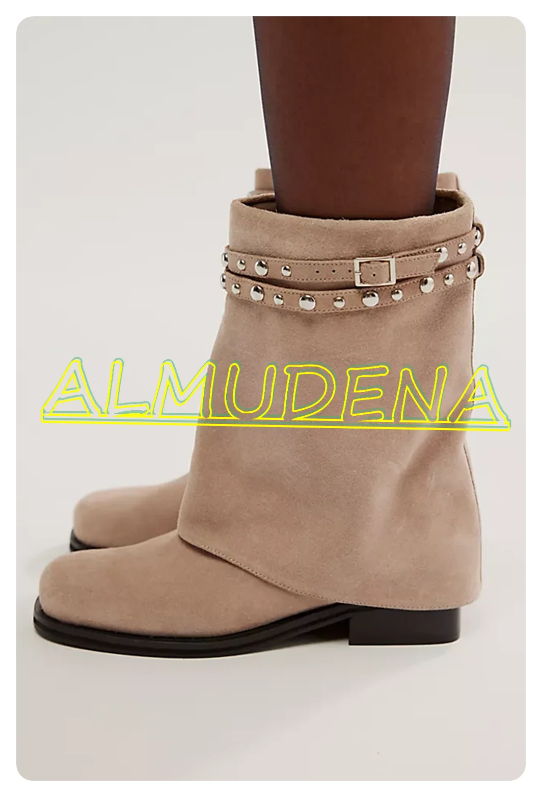 Suede Studded Foldover Ankle Boots Flats Round Toe Buckle Detailing Round Square Toe Minimal Block Heel Adjustable Buckle Solid