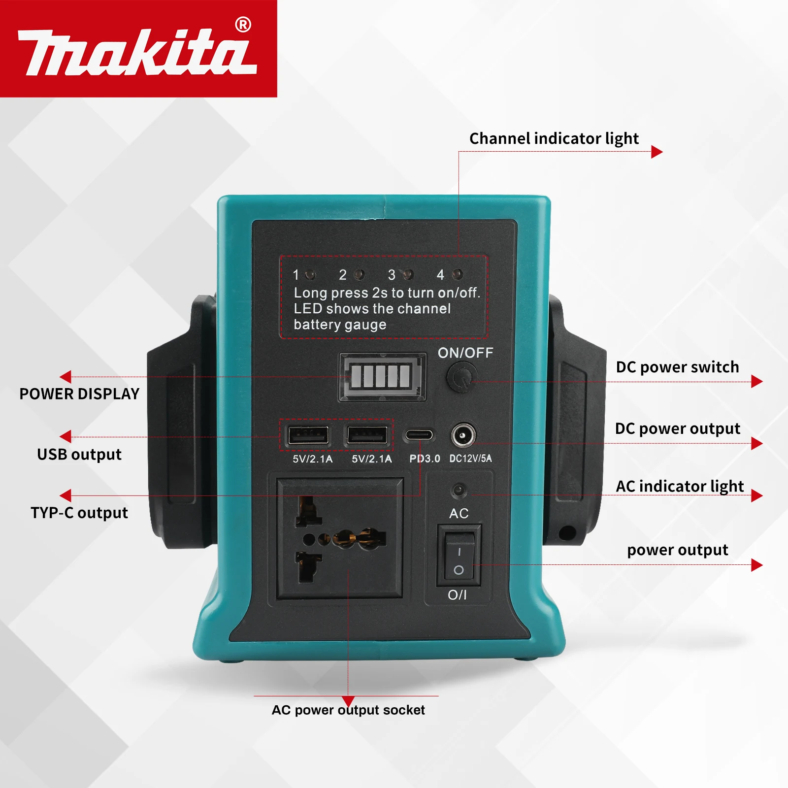 ﻿   Makita 330W fuente de alimentación portátil inversor 220V luz LED de trabajo lámpara de foco luz de Camping inversor de batería portátil