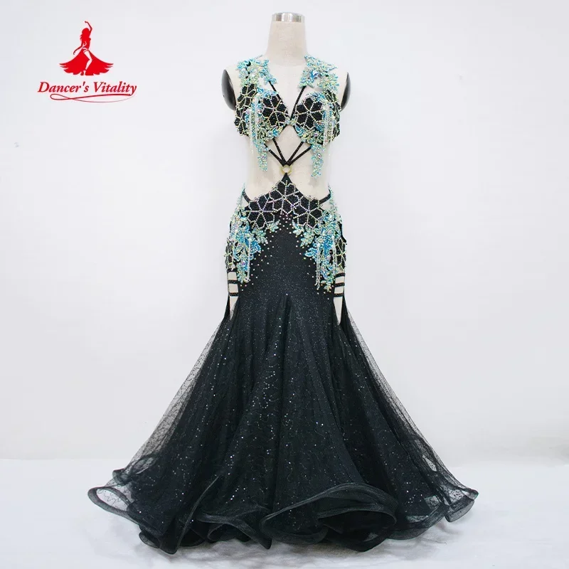 

Платья для выступлений BellyDance для женщин по индивидуальному заказу, сетчатое платье с кисточками и камнями AB, костюмы для соревнований по восточных танцах