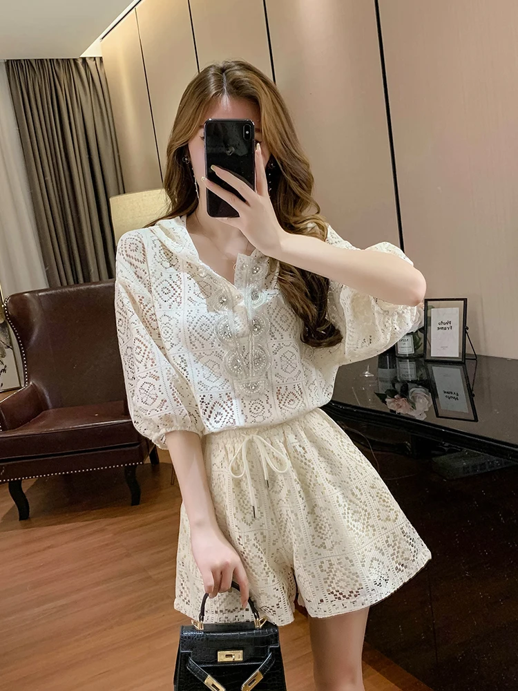 Rhinestone Spring Summer 2023 New Lace hollow out Short Sleeve Top+ High Waist Shorts Two Piece Set