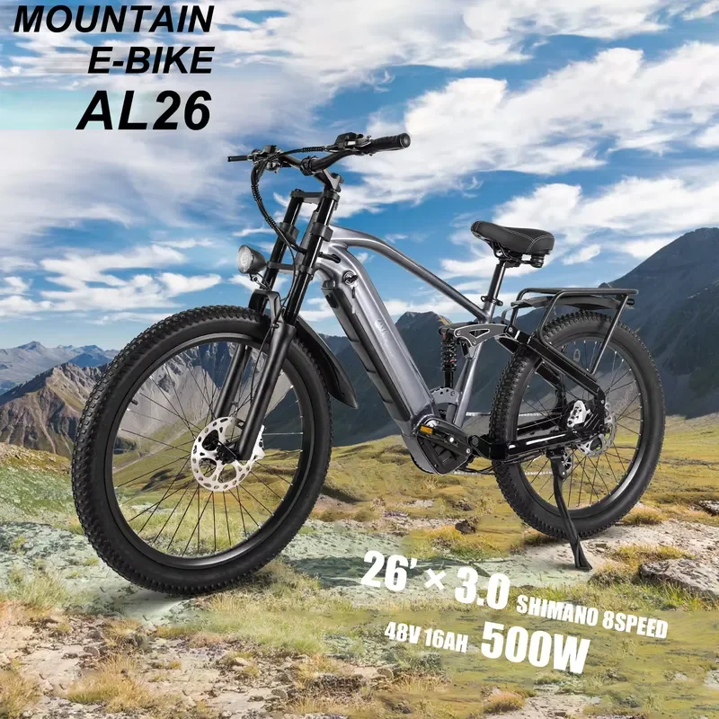 26*3.0 Electric Mountain Bike with Brushless 500W Rear Hub Motor-48V Lithium Battery Aluminum Frame Sport City Bike