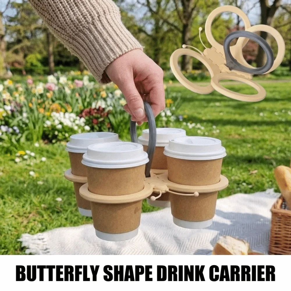 Plastic Butterfly Shape Drink Carrier Folding Reusable Folding Cup Holder with Handle Anti Scalding Drink Holder Bar Tool