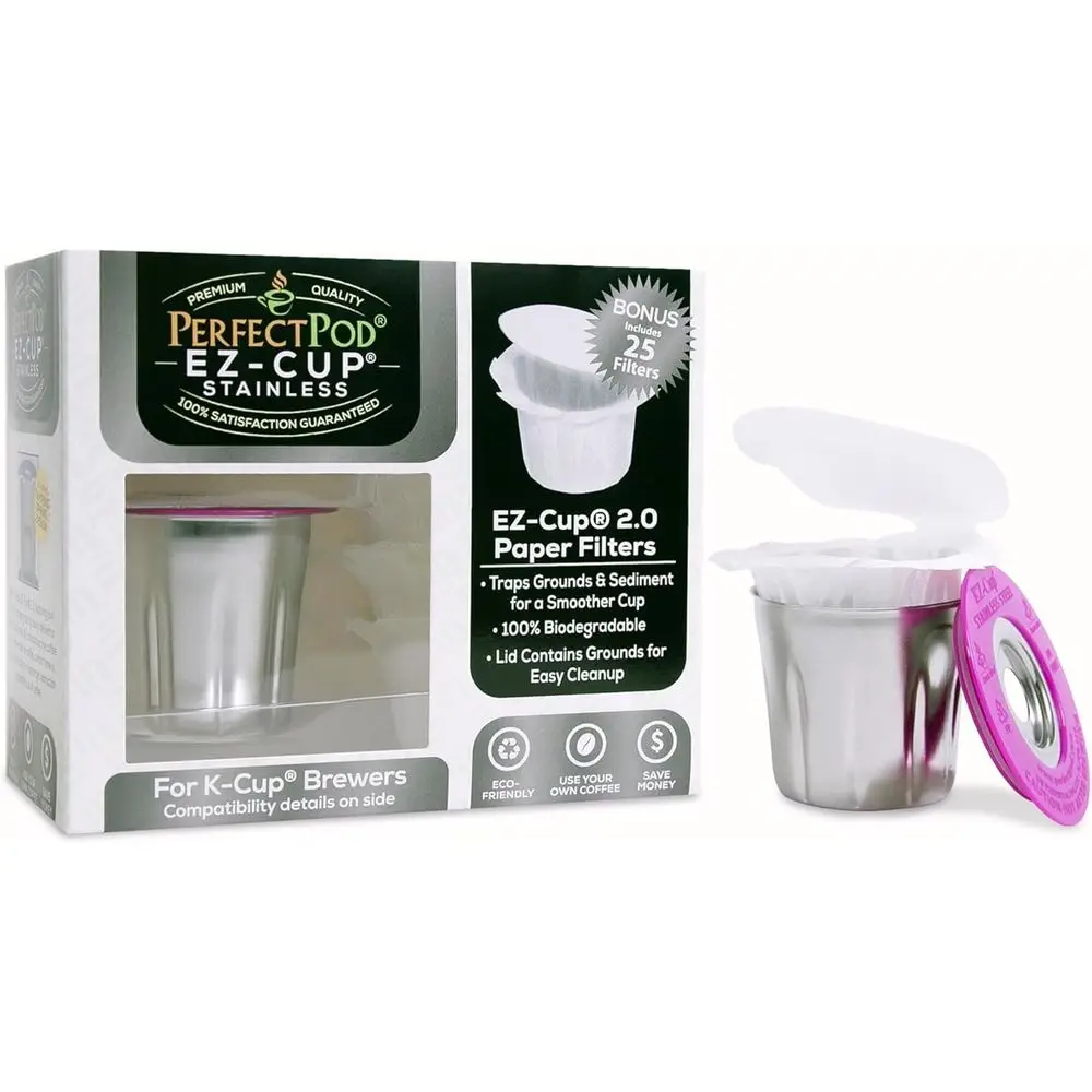 

Reusable Stainless Steel K-Cup Coffee Pod with 25 Filters - Compatible for Keurig and Select Brewers