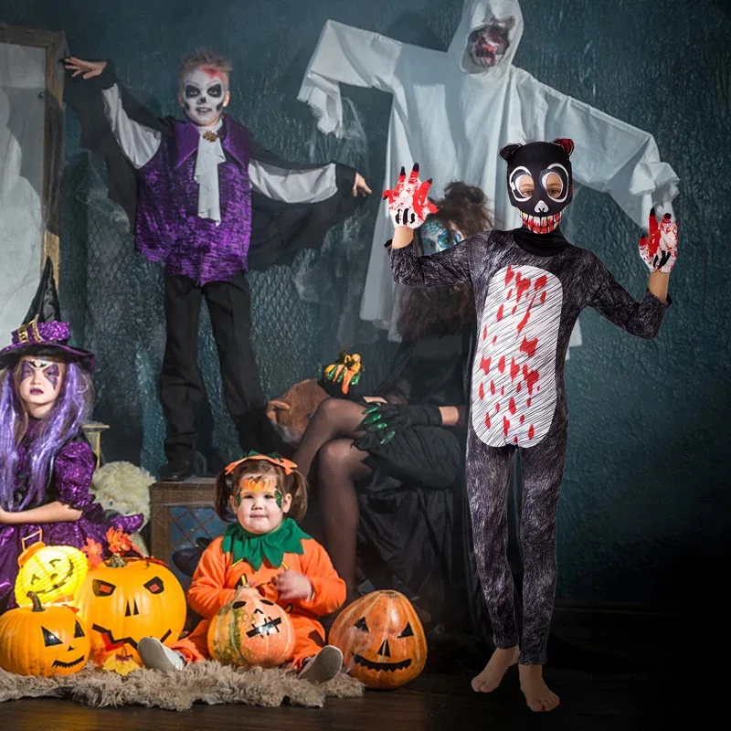 CyHalloween Costumes for Kids Anime Black Cat Cosplay Boys Girls Bodysuit and Gloves Horror Cartoon Disfraces Cosplay Clothing