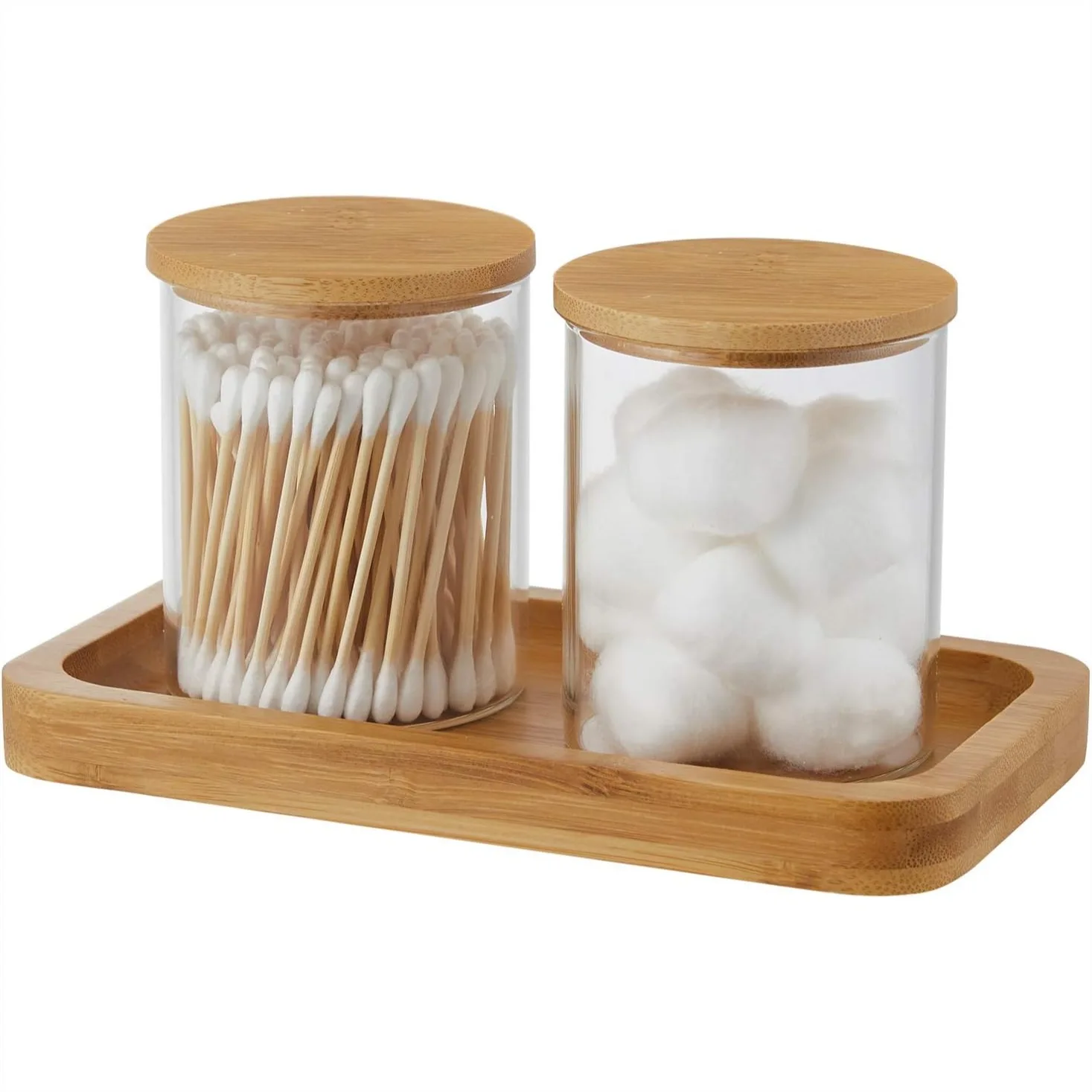 

Glass Qtip Holder with Bamboo Vanity Tray, Apothecary Jars Bathroom Organizer for Cotton Ball Round Swab Pad Hair Ties Floss