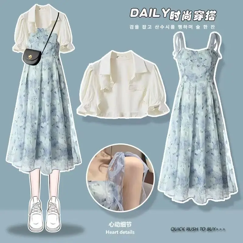 Women\'s Spring Summer Fashion Long Sleeve Top Shirts +Strap Dress Two Piece 2026 Korean Elegant New in Matching Set Femlae Skirt