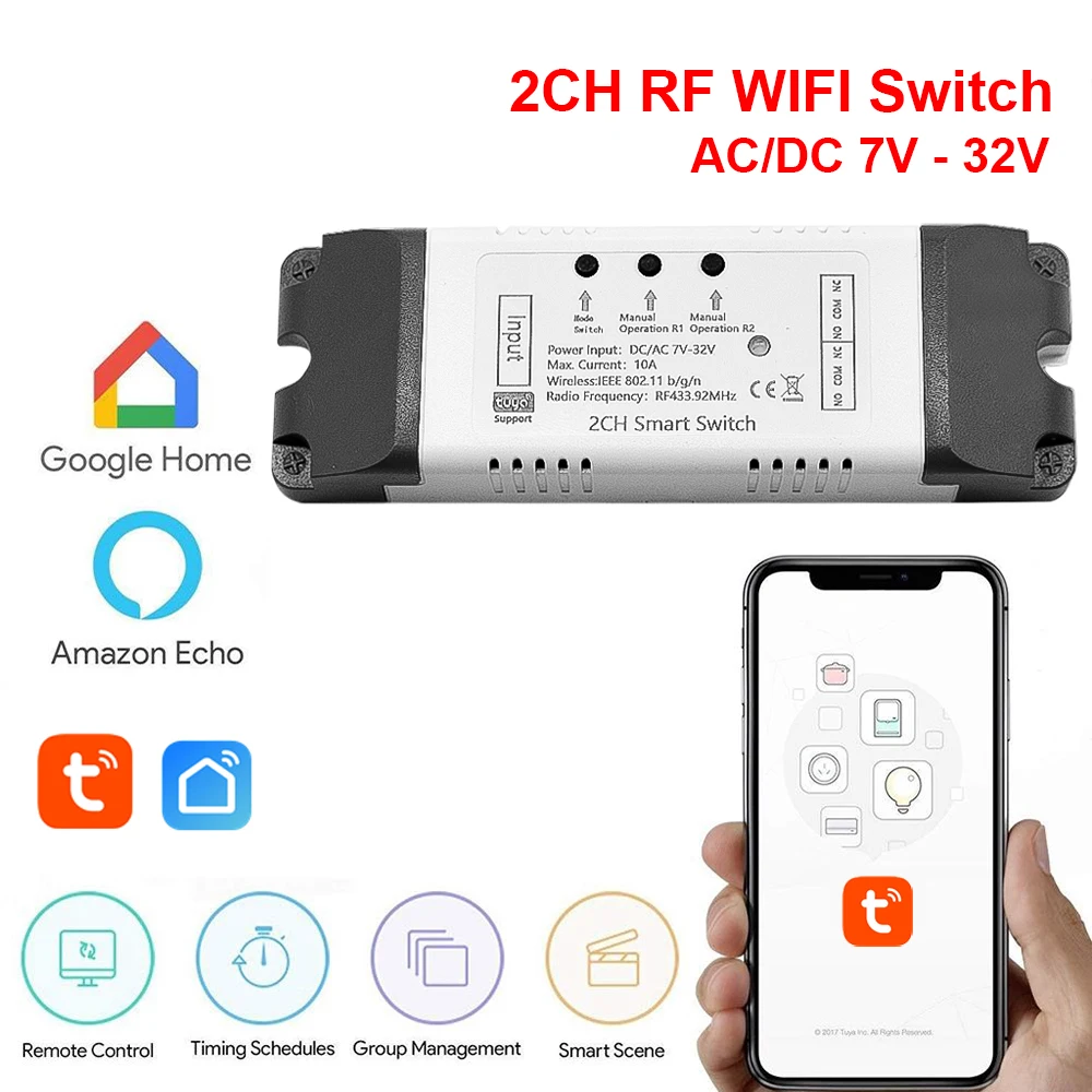 Interruptor de luz inteligente Wifi 4CH Mdule DC 5V 12V 24V RF 433 receptor 10A relés funcionan con Alexa asistente de Google Tuya Smart Life