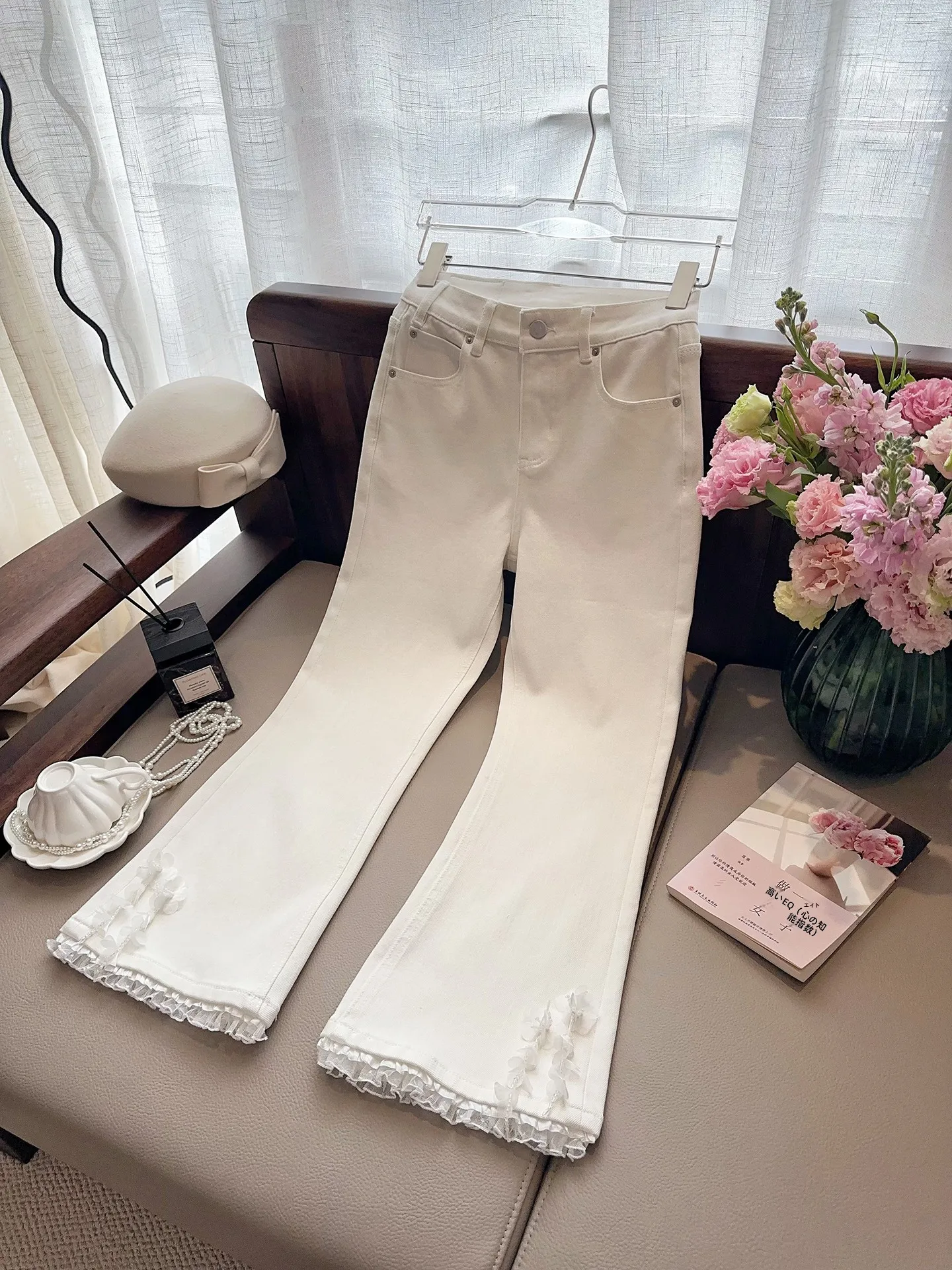

Original High Waist Lace Trim Floral Nine-Tenths Jeans Women's Spring Faion New Sle Cotton Stretch Zipper Closure