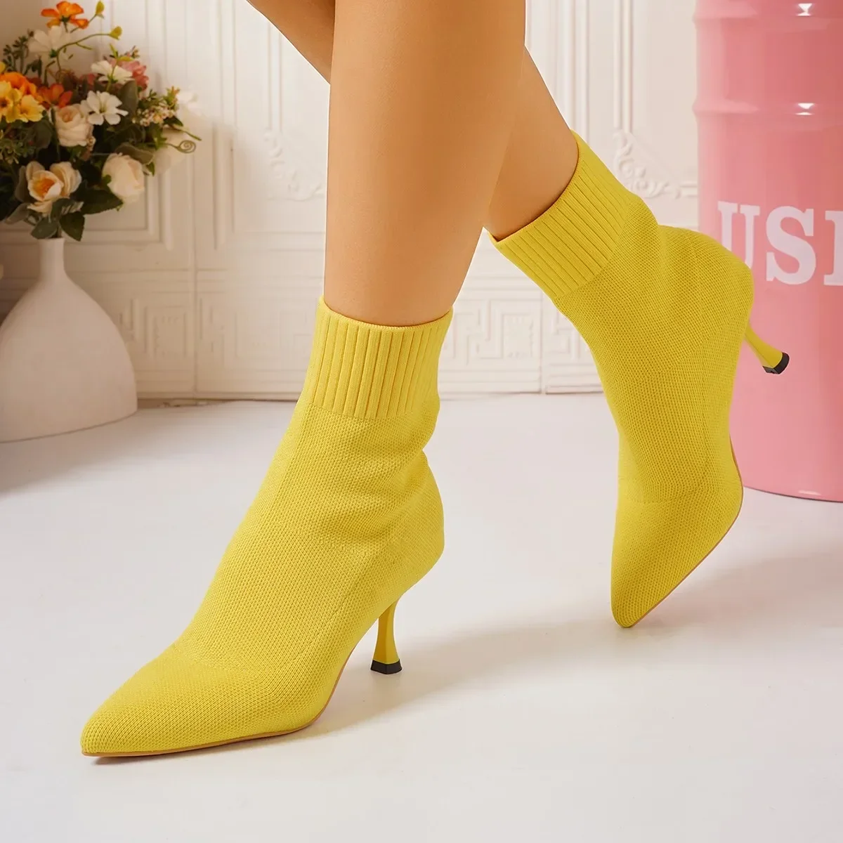 Women Boots Short High Heels Shoes for Women Autumn Winter Botas Mujer Knitted Ankle Boots Black Sock Women Heels Boots Female