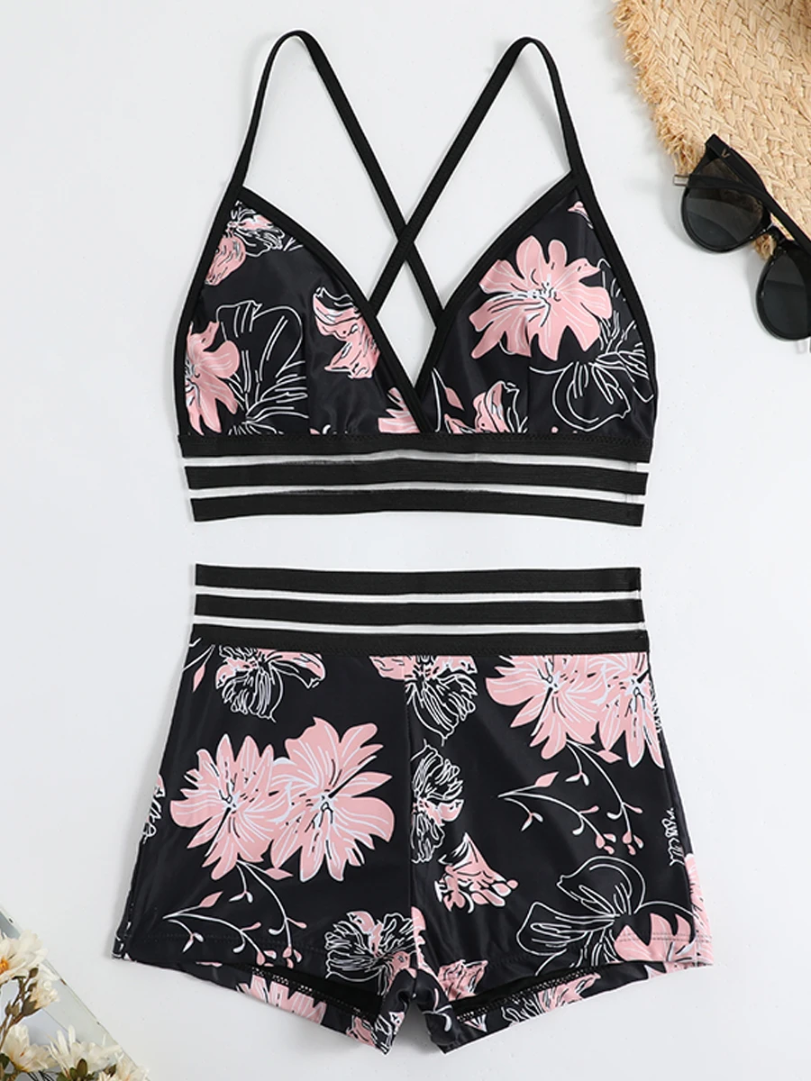 Sexy Mesh Tape Bikini 2023 Women High Waist Swimsuit Floral Print Swimwear Female Lady Cross Back Bathing Suit Shorts Beachwear