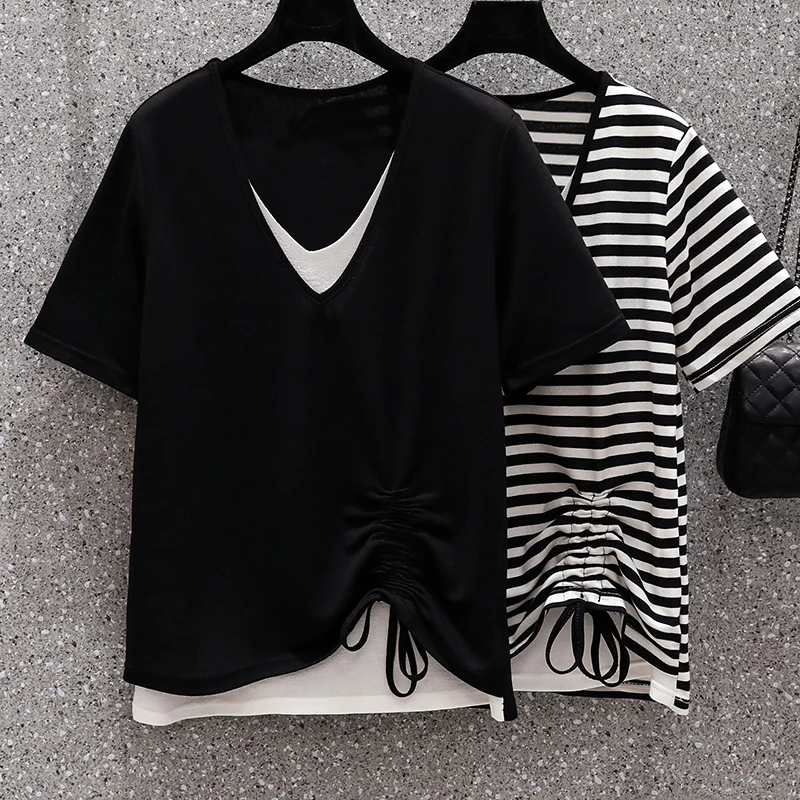 2024 Black Striped Knitted Cotton Short Sleeve T-Shirt Women Korean Vintage Casual Top Coat Summer New Elegant Bodycon Top Shirt