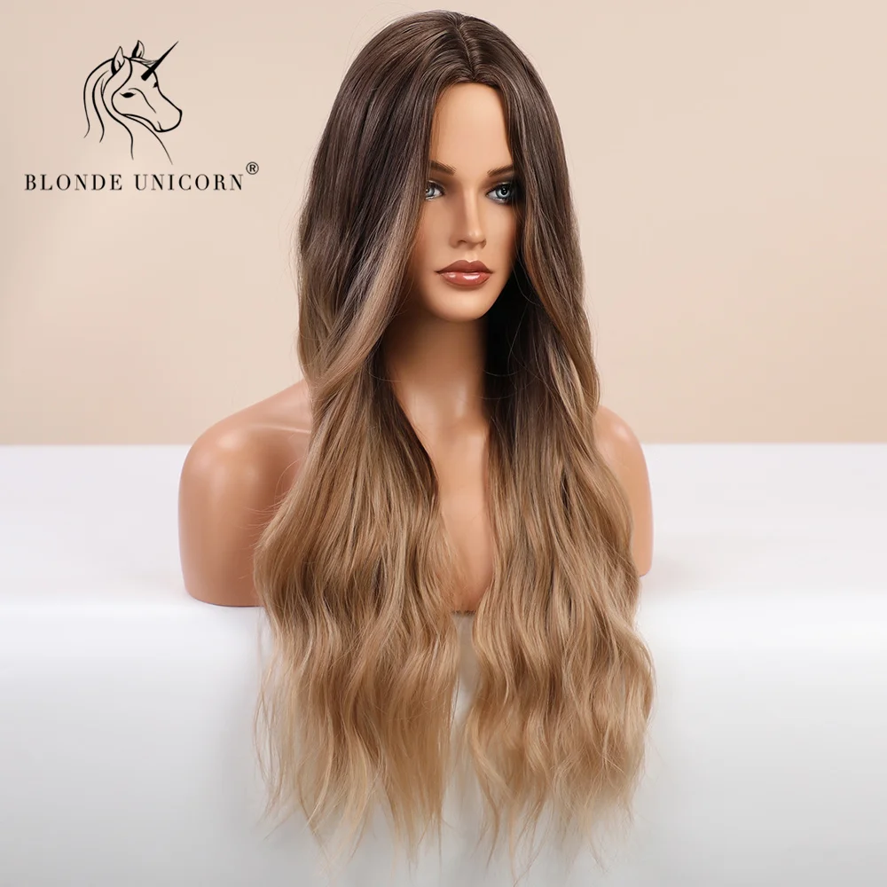 Blonde Unicorn Synthetic Wig Ombre Blonde Brown Long Wigs Middle Part Hair Wig Daily Natural Wavy Heat Resistant Fiber dla kobiet