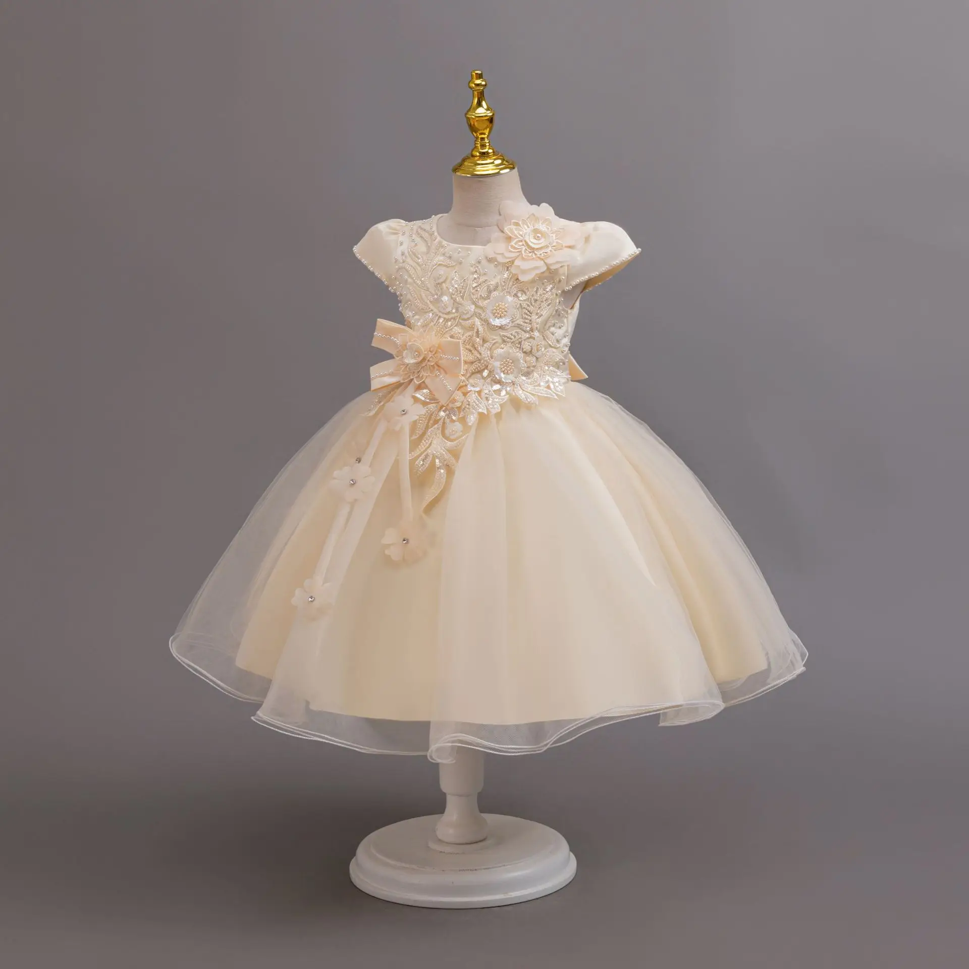 Children Clothing Fashion Pearl Decoration Lace Flower Girl Dress Bridesmaid Dresses For Weddings Party Girls Elegant Dresses