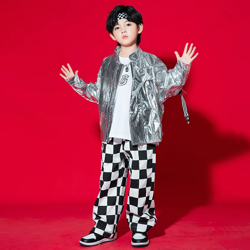 Kids Hip Hop Clothing Sequined Silver Jacket Tops Casual Pants Streetwear For Girl Boy Jazz Dance Costumes Clothes Kpop Outfits