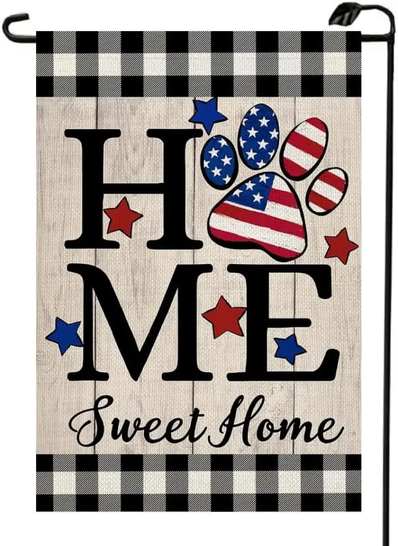 4th of July Paw Sweet Home Garden Flag 12x18 Inch Double Sided for Outside Plaid Memorial Independence Day Patriotic Yard Outdoo