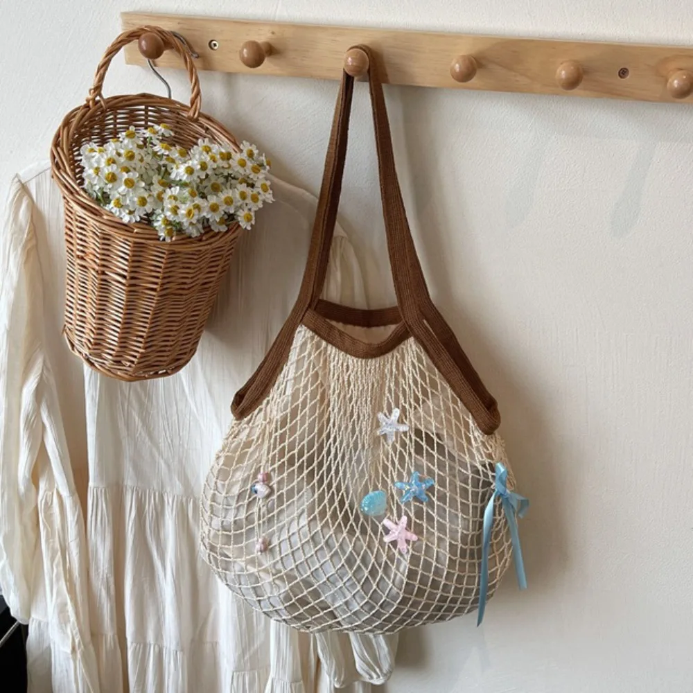 

Foldable Portable Hollow Woven Shoulder Bag Large Capacity Starfish Woven Grocery Bag Polyester Bow Handbag Swimming