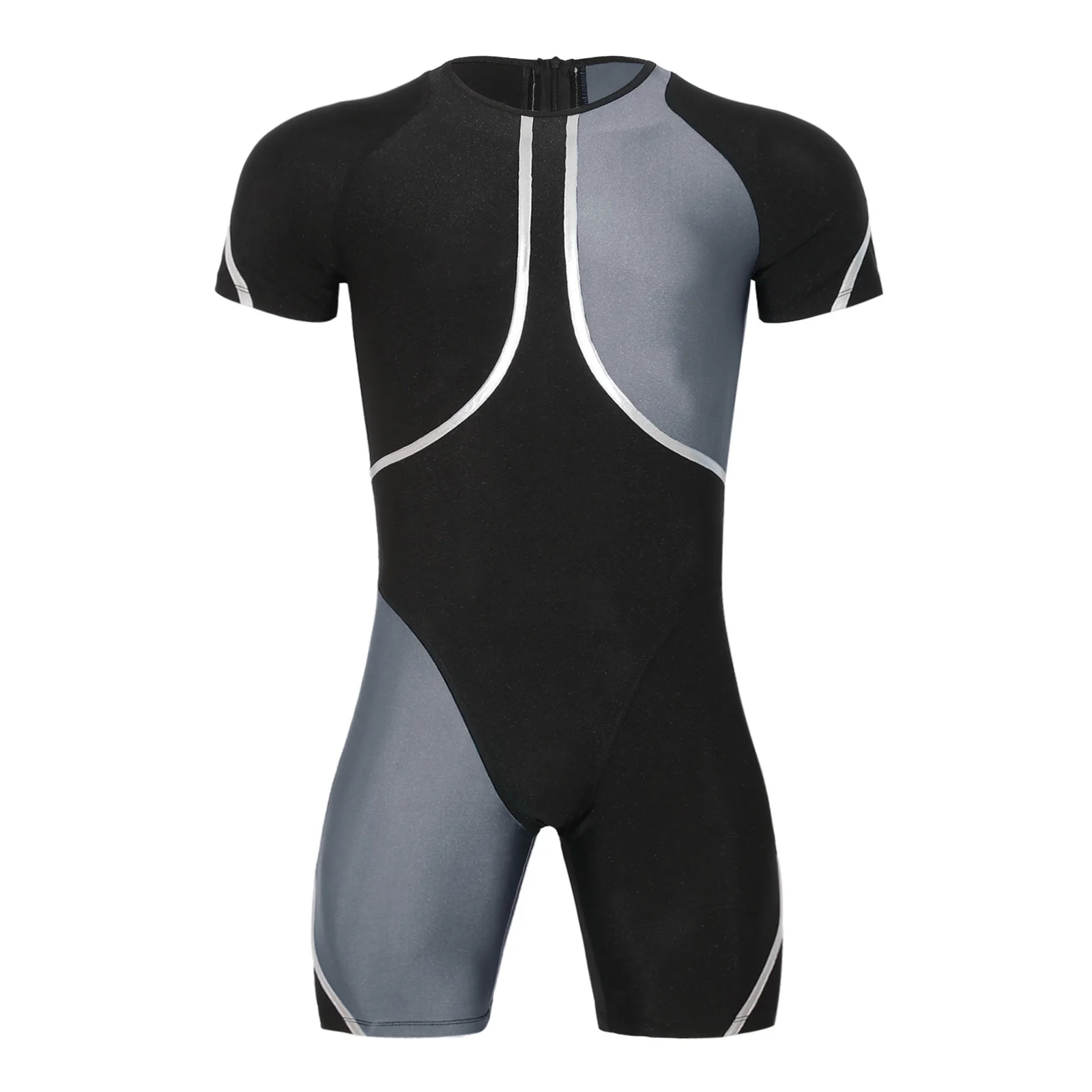 Herren-Einteiler-Rashguard-Tauchanzug, Badeanzug, kurzärmeliger Sport-Bodysuit mit Rückenreißverschluss und metallischem Besatz. – Detail 12