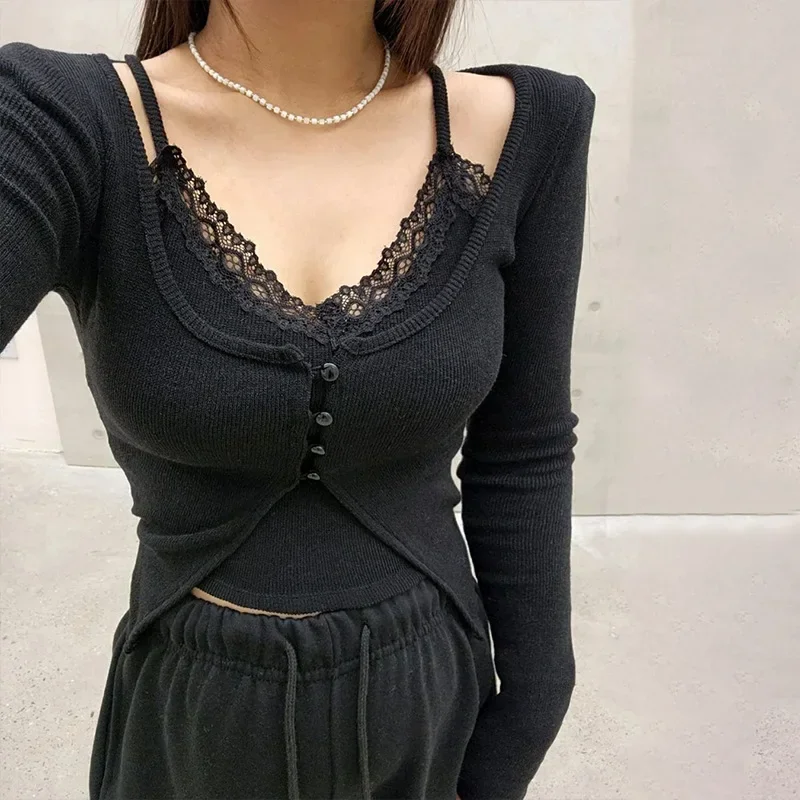 Harajuku U คอ Cropped เสื้อสเวตเตอร์ถัก + Y2k Aesthetic Lace Patchwork ผู้หญิง 2 ชิ้นชุด Fairy Vintage Femme Streetwear
