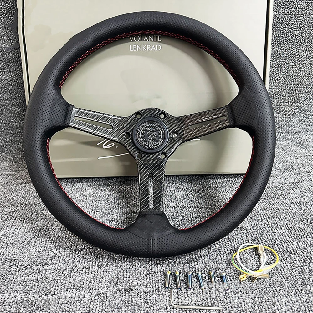 New Racing Car Modified Quick Release Steering Wheel 14 Inch Carbon Fiber Bracket Classic Leather Shallow Concave Universal