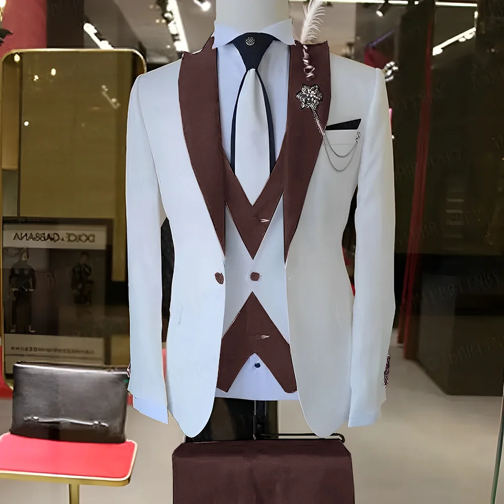 Smoking masculino para casamento do noivo, jaqueta branca, calça vermelha, terno personalizado formal, elegante, peça 3, 2024