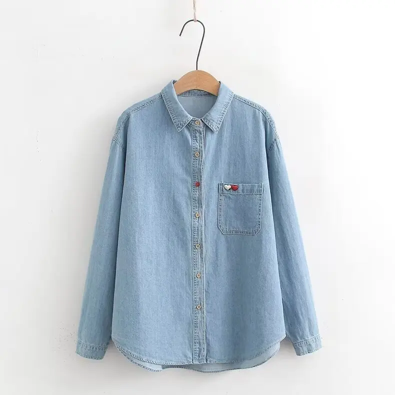 New Spring Denim Loose Casual Shirt Women Lapel Long Sleeve Embroidery Heart Top Girl Sweet Blouses 2024 Autumn T44338QM