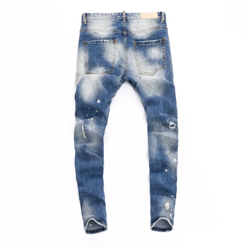 High Street Fashion Men Jeans Retro Blue Stretch Slim Fit Ripped Jeans Men Hole Patched Designer Hip Hop Brand Pants Hombre