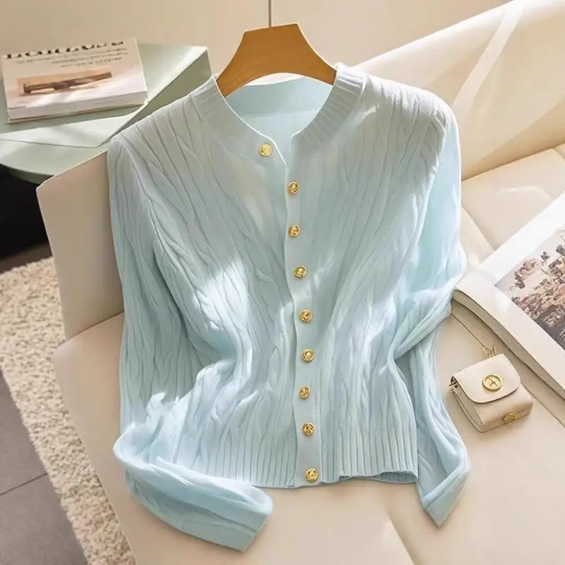 

Women's Clothing Mint Blue Fried Dough Twist Knitwear Early Spring New Model Korean Style Lazy Sweater Cardigan Coat