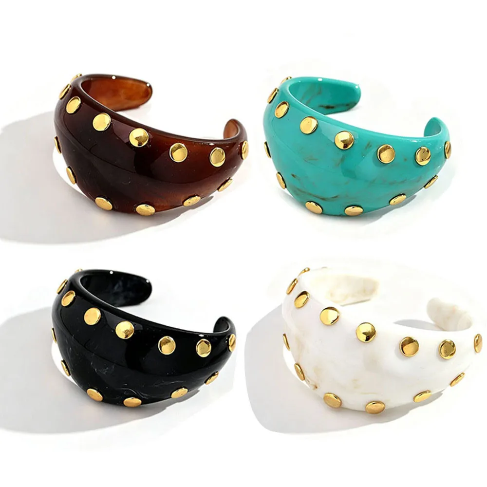 Vintage Acrylic Wide Irregular Rivet Open Bangles Fashion Resin Chunky Curved Geometric Cuff Bangle Retro Jewelry Gifts