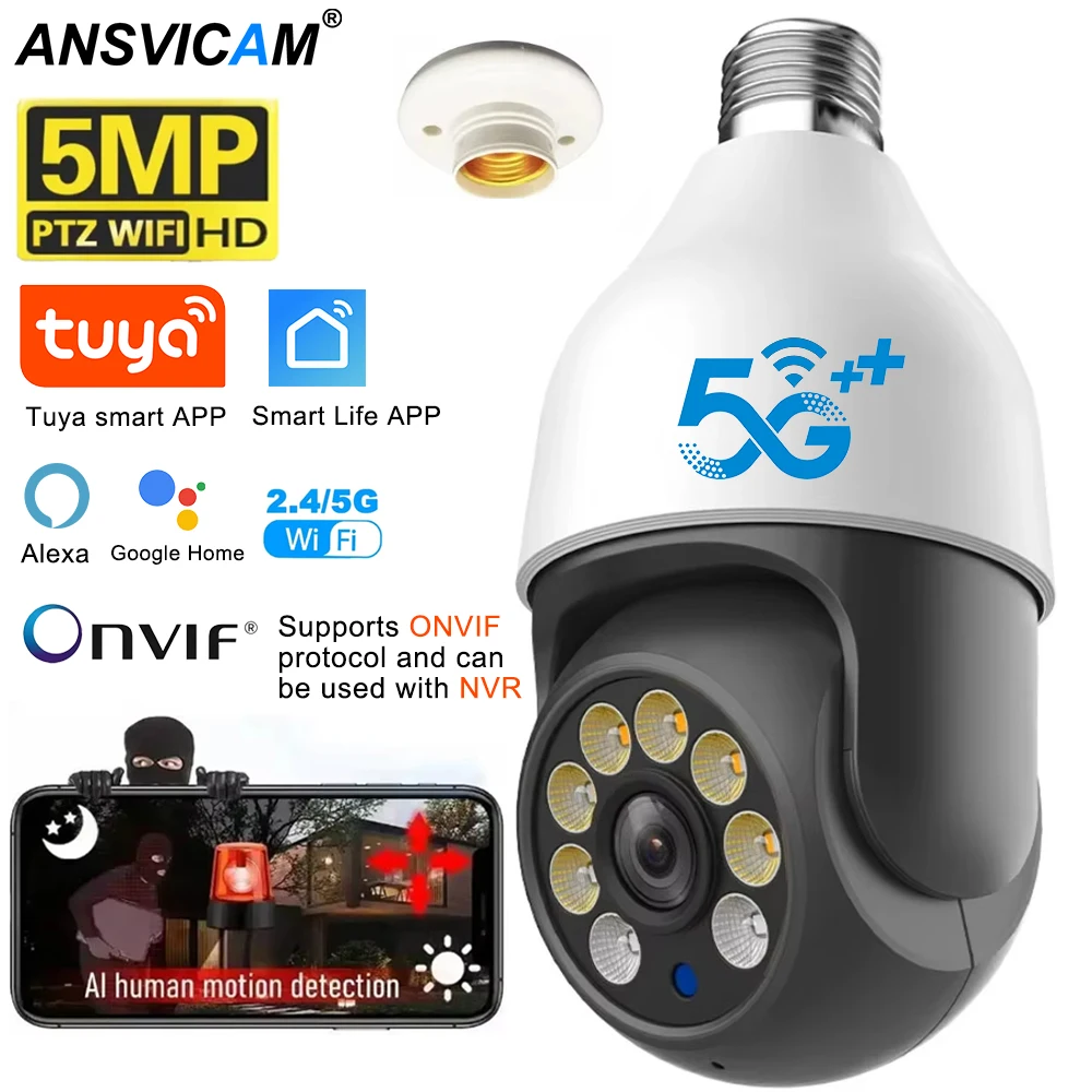 5MP 5G Bulb Camera E27 WiFi TUYA Smart Life PTZ IP CCTV Outdoor Night Vision 3MP Security Video Bulb Surveillance Camera TUYA