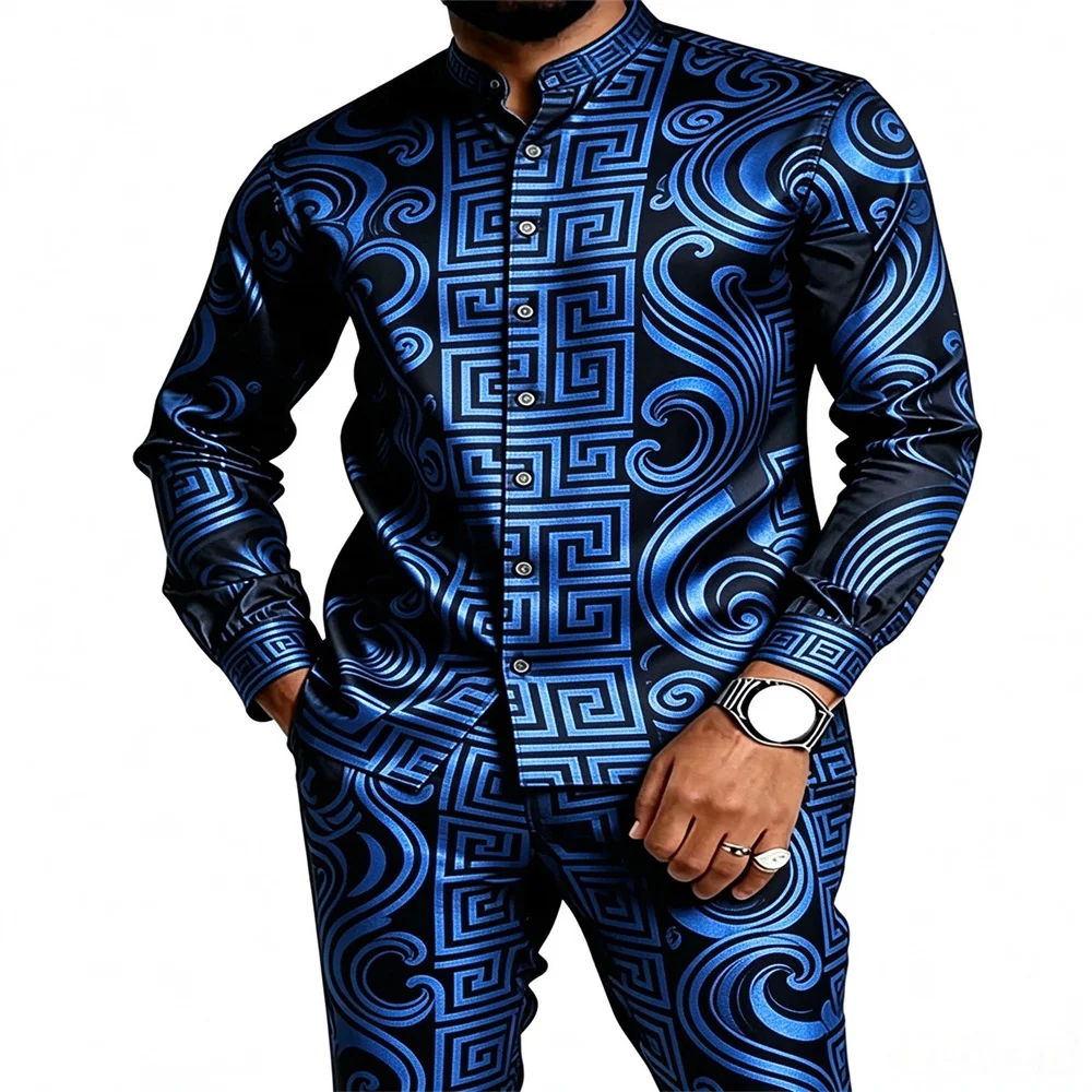 Aliexpress Men's 2-piece satin set with geometric spiral pattern including: long sleeved shirt and pants, suitable for daily leisure vacati - Aliexpress Deal