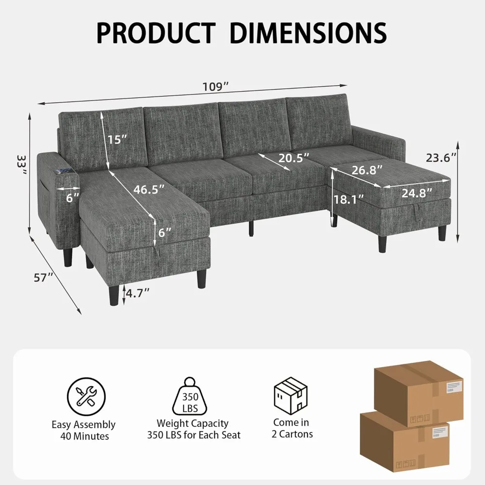 Льняной 4-местный секционный диван с двусторонним шезлонгом и пуфиком для хранения вещей, U-образная мебель для гостиной