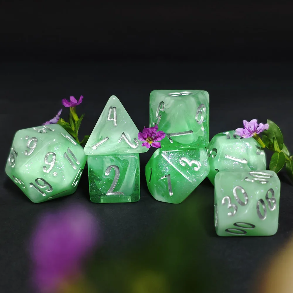 7Pcs Paper Flower Green Glitter Resin Polyhedral Dice Set, DND Dice For Dungeons & Dragons TRPG Tabletop Role Playing Game Dice