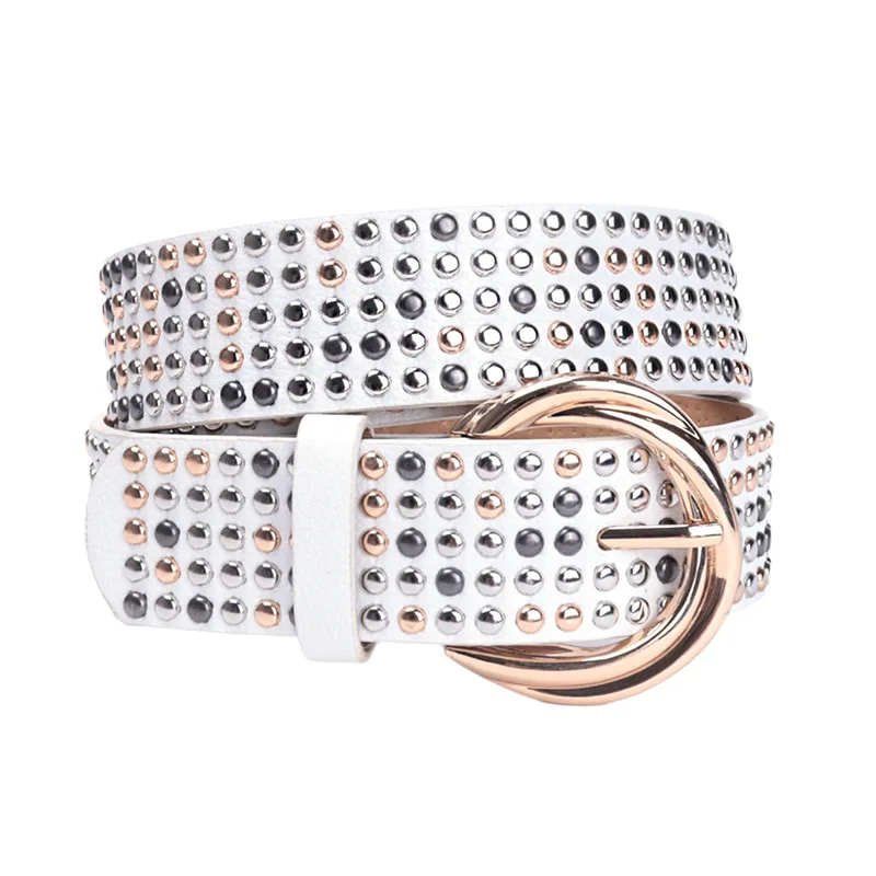 

Western Five Rivet Design PU Leather Gold Pin Buckle Women Belt Fashion Jeans Causal Pants Belt for Mens