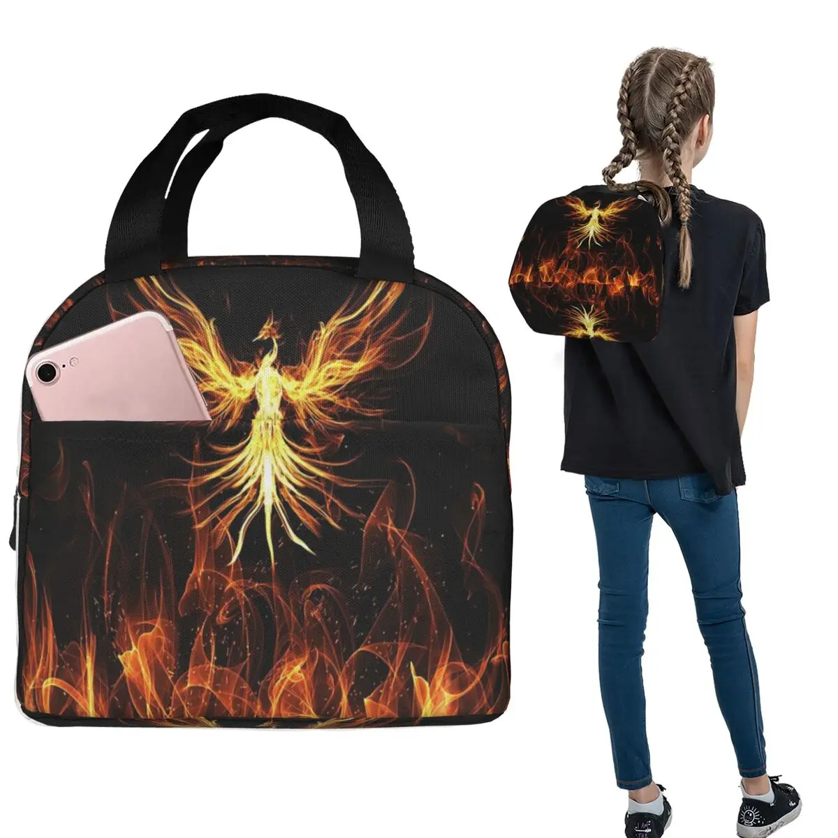 

Изолированная сумка для обеда с изображением мифического птицы Феникса для женщин и детей, портативные контейнеры для еды, термосумка для обеда