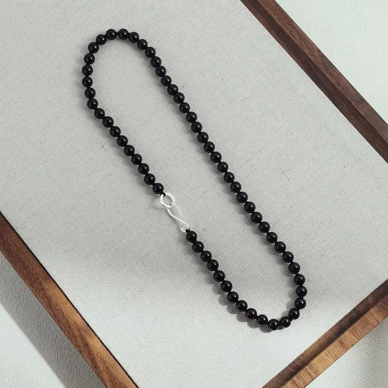 

Black Agate Beaded Necklace Female Versatile Girl High Sense New Chinese Retro Neck Chain Collarbone Chain Handmade Round