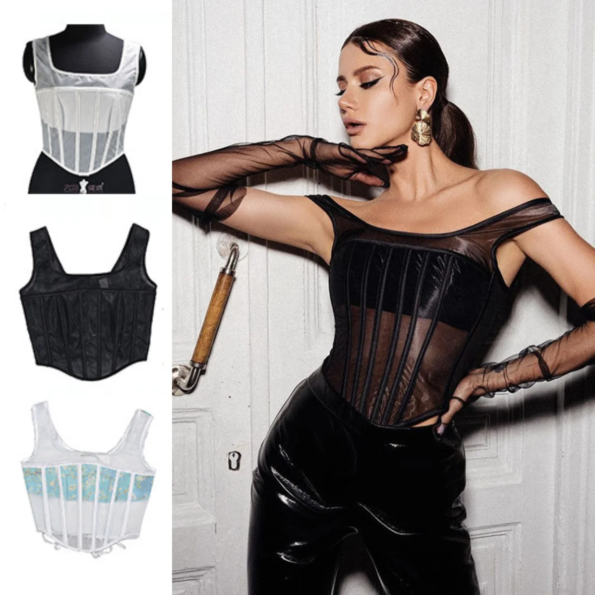 

Womens Bones Strap Corset See-through Mesh Breathable Thin Fashion Bustier Ladies Sexy Lace-up Crop Tops Lingerie Bodyshaper Top