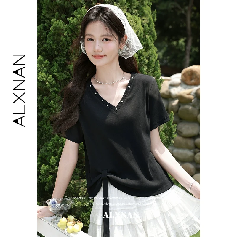 

ALXNAN Black T-shirts Women 2026 Summer V-neck Loose-fit Basic Short Sleeve T-shirt Casual Elegant Fashion Female Tops L65966