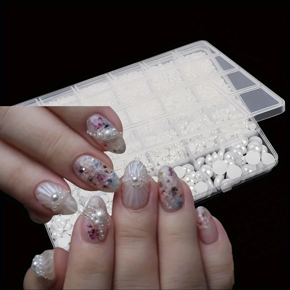 11330 ชิ้น 24 กริดสีขาวแบนไข่มุกเล็บสำหรับตกแต่งเล็บ, ครึ่งรอบไข่มุกสำหรับงานฝีมือ