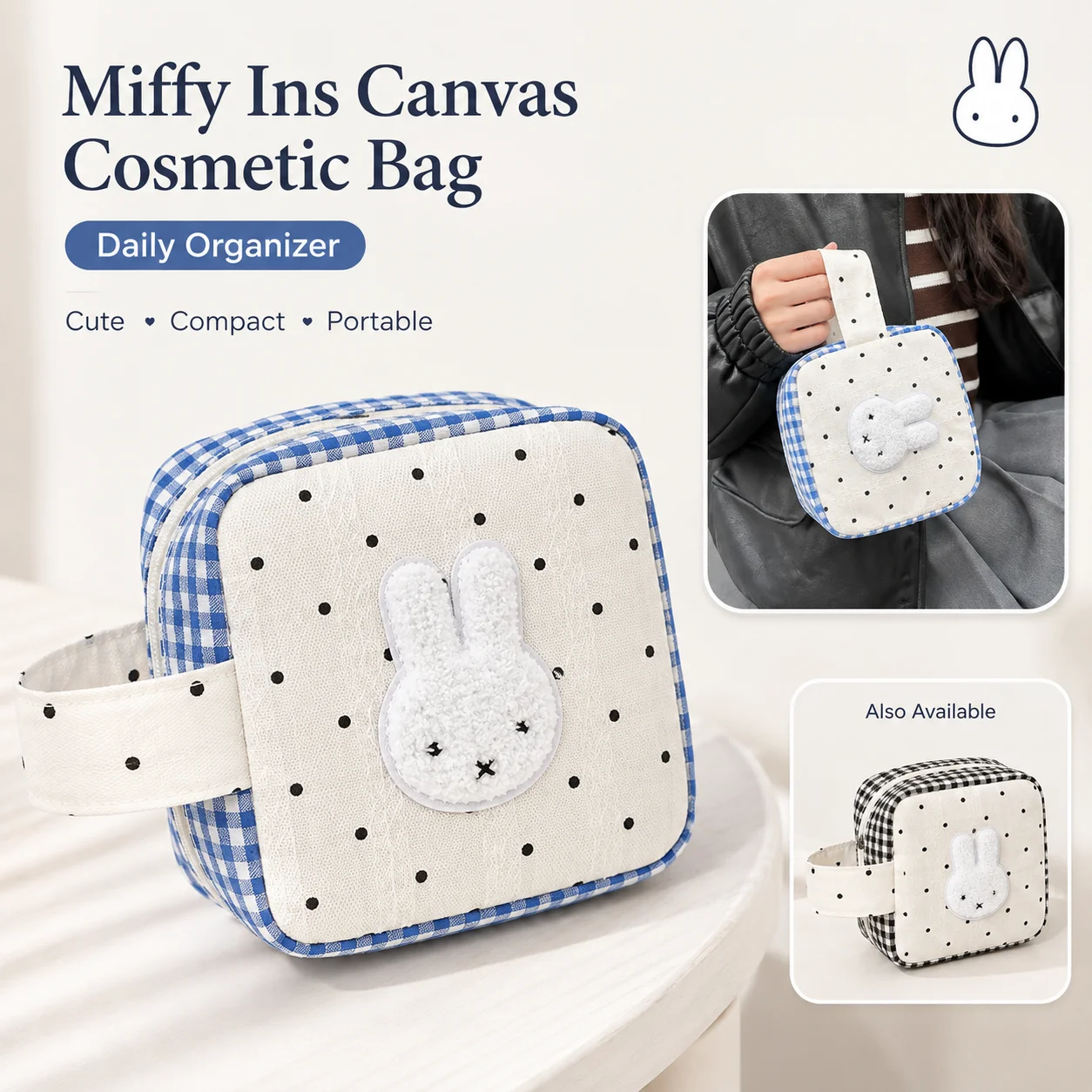 Ins Girly New Miffy Rabbit Square Travel Storage Pouch Makeup Pouch School Student Daily Pouch Cute Storage Bag Daily Organizer