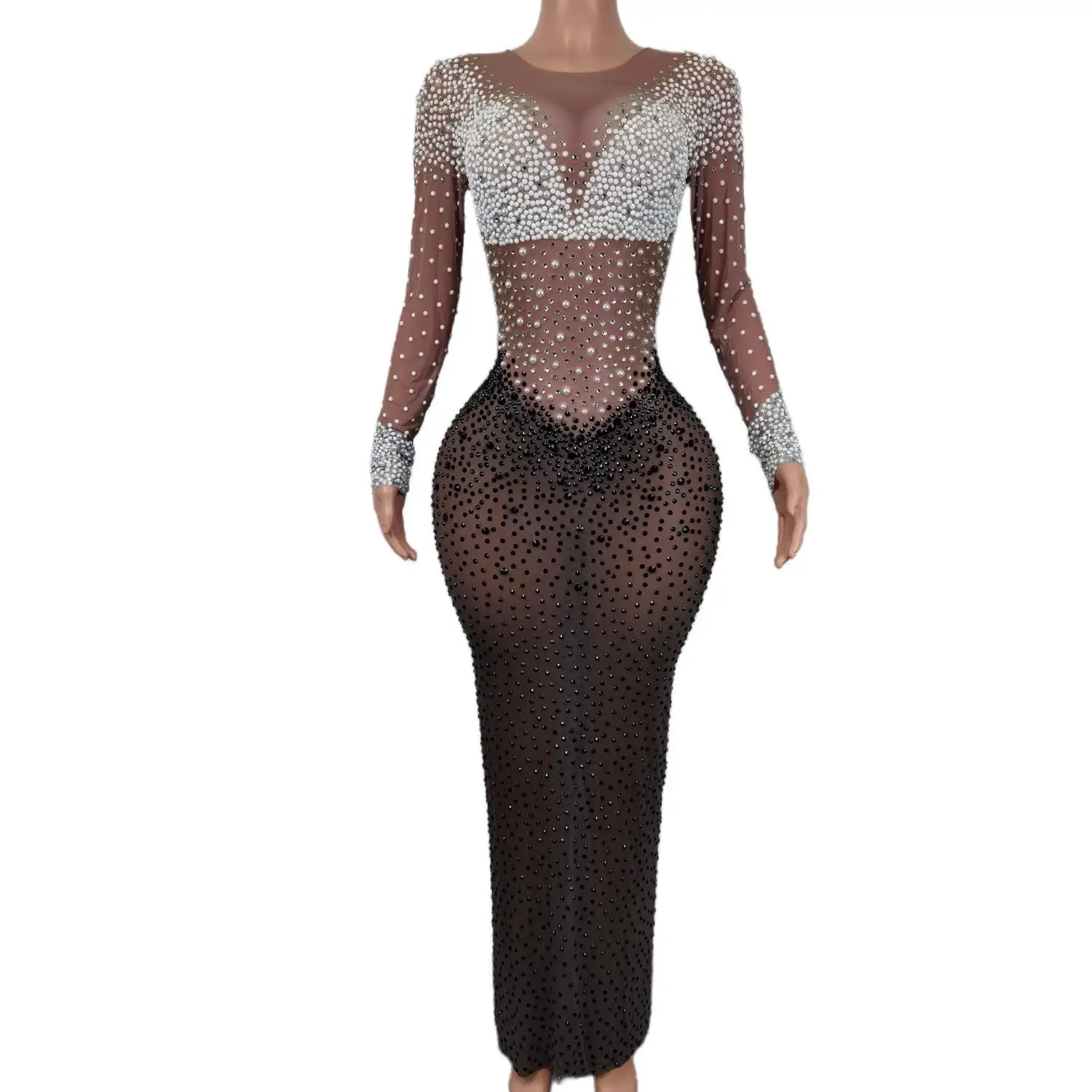 

Sexy Women Sparkly Pearls Crystals Long Dress Birthday Celebrate Club See Through Mesh Gowns Stage Costume Dance Outfit Pinhei