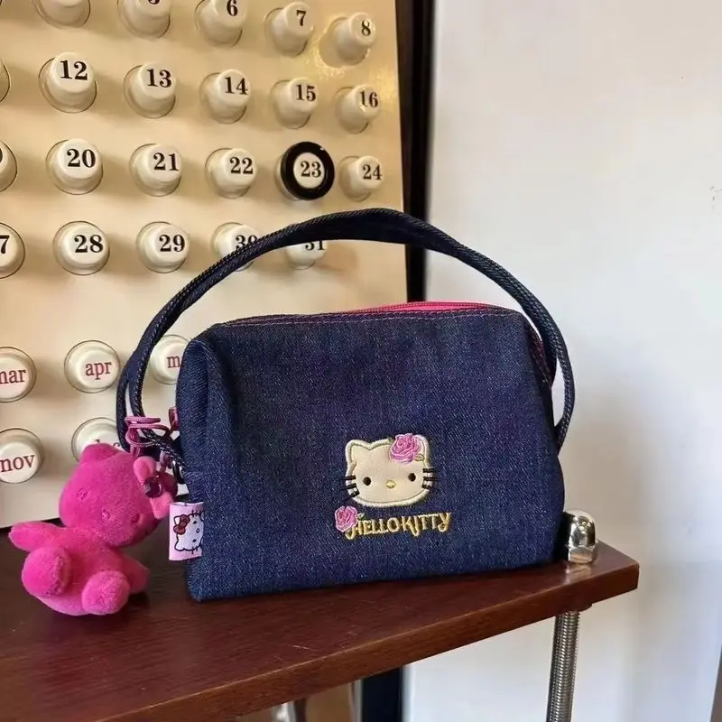 Olá kitty bolsa bordada azul denim crossbody saco de dupla utilização feminina casual bolsa de ombro bonito kt gato viagem compras fb11d